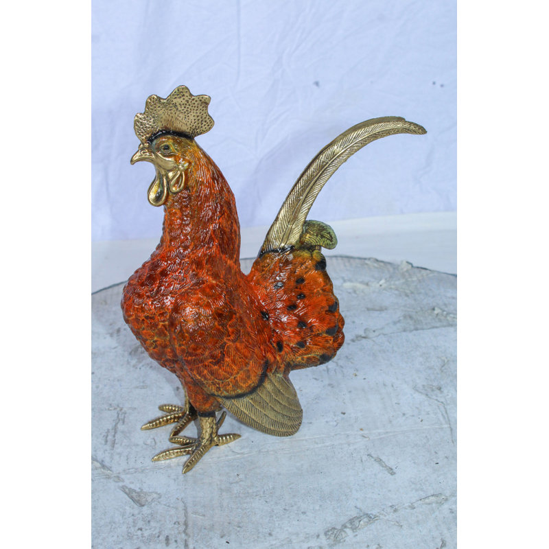 Statue décorative coq en bronze avec finition émaillée rouge 9 po x 5 po x H 12 po