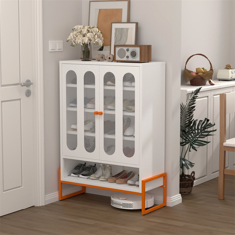 Modern Minimalist Double Door Shoe Cabinet With Adjustable Mesh Doors And High Foot Hollow Storage Cabinet Bottom