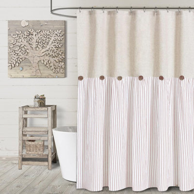 Farmhouse Style Linen And Cotton Woven Shower Curtain With Button Trim And Ruched Hem For Modern Or Country Bathroom Decor