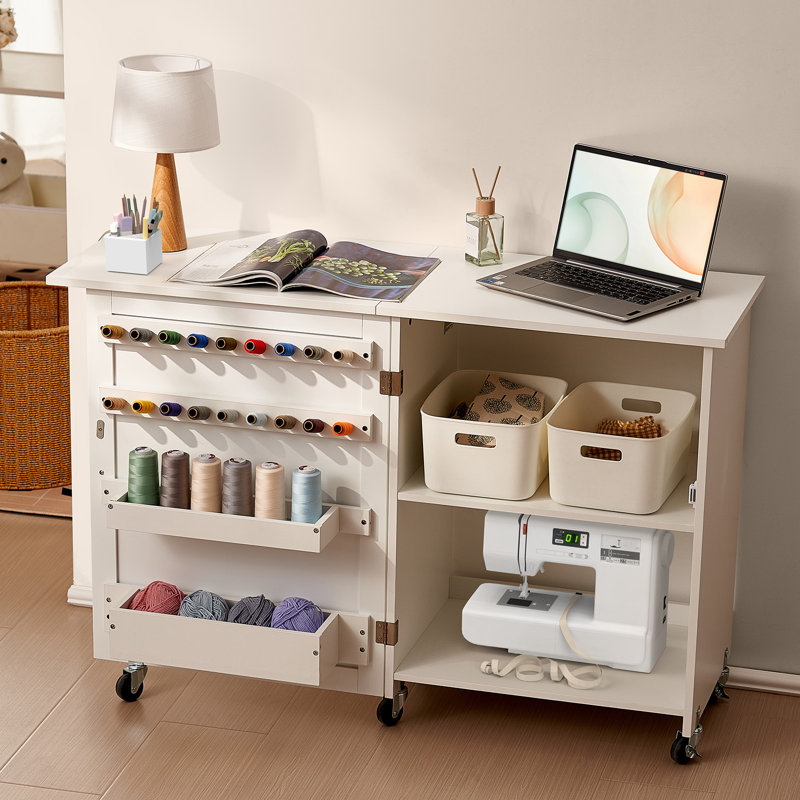 Folding Sewing Table with Lockable Wheels Storage Shelves Trays Door Wood Colour, Blanc