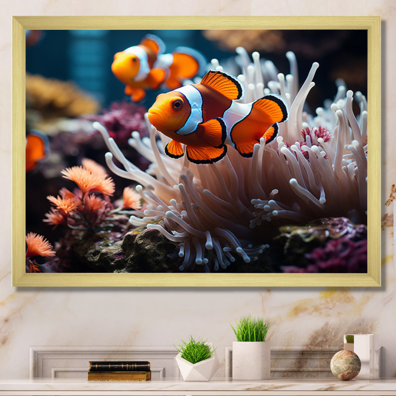 «Orange clownfish», art marin mural, Cadre doré simple, H 30 po x l 40 po x P 1,5 po