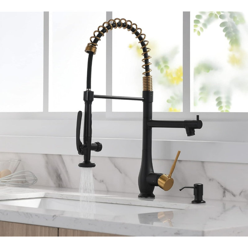 Commercial Kitchen Faucet with Pull Down Sprayer, Double Headed Single Handle High Pressure Kitchen Faucet with Soap Dispenser