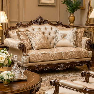 Hesar Loveseat, 4 Pillows, Vintage Style Chenille Tufted, Cherry Brown Wood