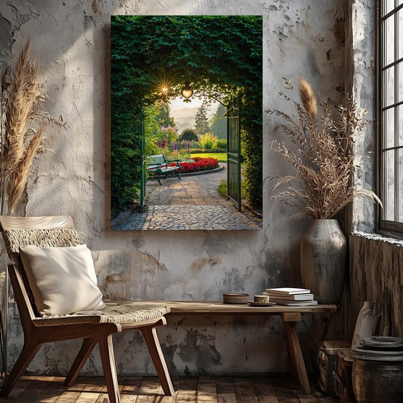 Toile, un sentier de jardin serein conduit à travers une porte en fer forgé ornée encadrée par une verdure luxuriante et des fleurs vibrantes sur toile