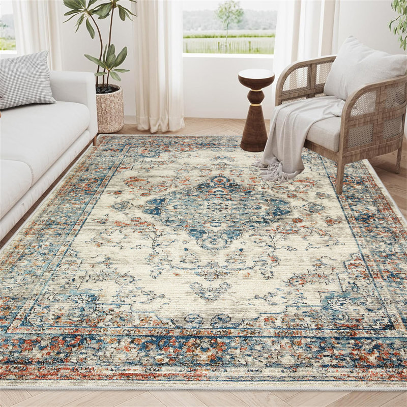 Area Rug Vintage Bohemia Large Persian Non-Slip Washable Rug For Living Room Kitchen Bedroom Living Room Flower Design
