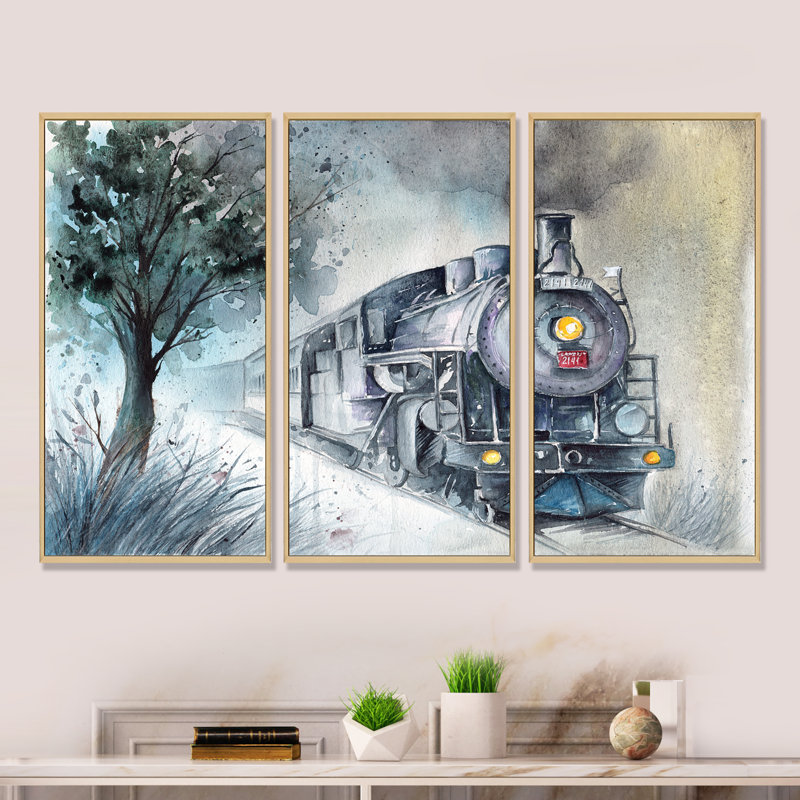 A Steam Locomotive in Winter Time - 3 pièces, reproduction d'art sur toile, H 28 po x l 36 po x P 1 po, Cadre brun