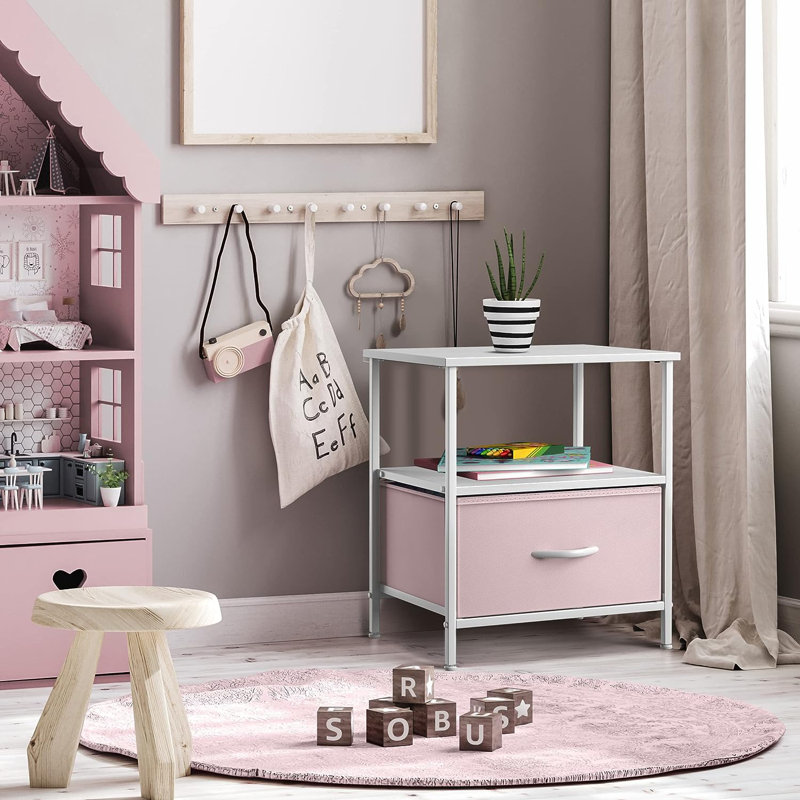 Sorbus 1 Drawer and Shelves Nightstand with Steel Frame, Wood Top & Fabric Bins - Pink, Pink