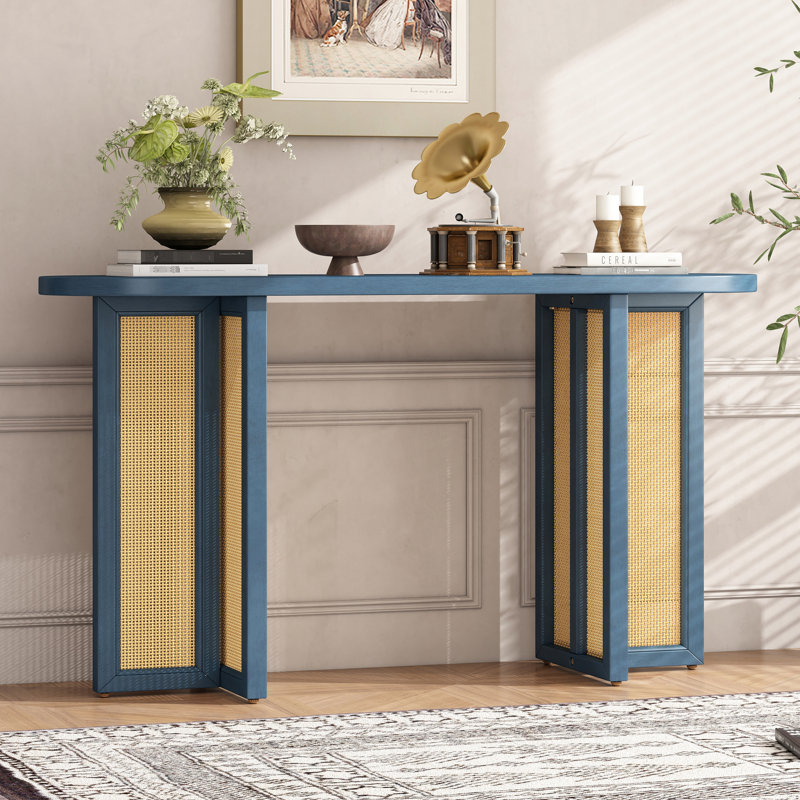 Table d'entrée polyvalente, style, rangement disponible, design Mid-Century, structure en bois massif, console ovale bleu marine, tissage, rangement, plateau de table étroit, bois, décoration de salon,
