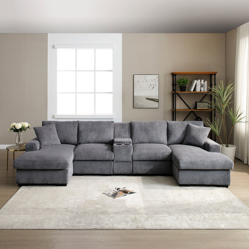 126" Grey U Shaped Cloud Couch With Console And Cup Holders, Memory Foam Pocket Springs, Cushion Back For Large Apartments Sectional , Grey, Double Chaise Built - In Storage, Square Arms, Corduroy