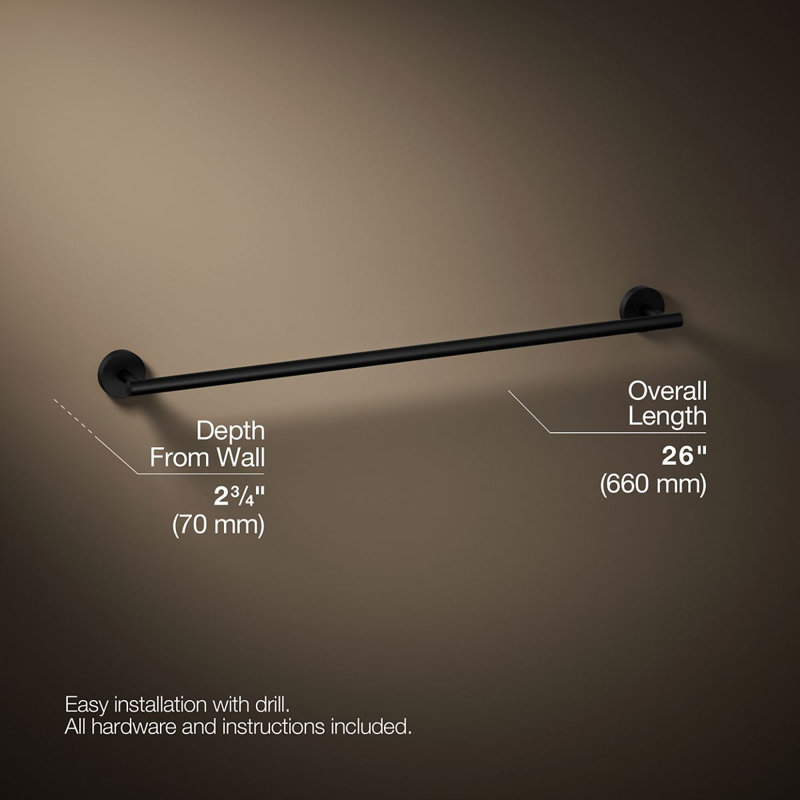 Porte-serviettes mural, H 2 po x l 24 po x P 2,75 po, Noir mat