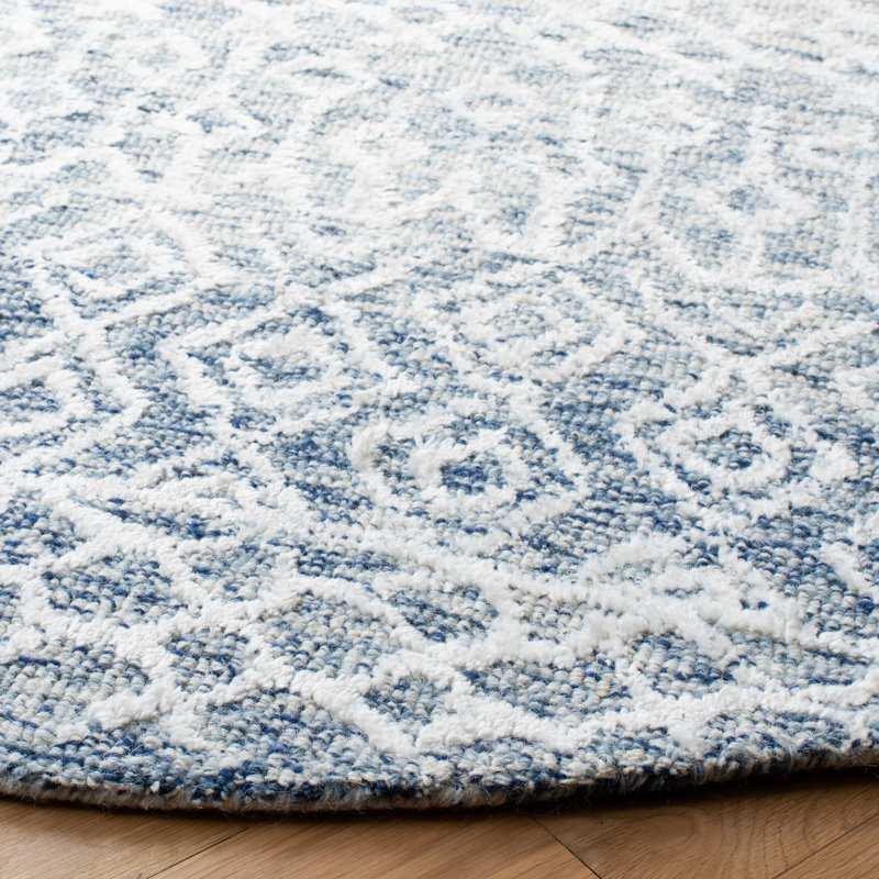 Tapis ivoire / bleu en laine / viscose / coton touffeté à la main Deveraux, Rond 6 pi