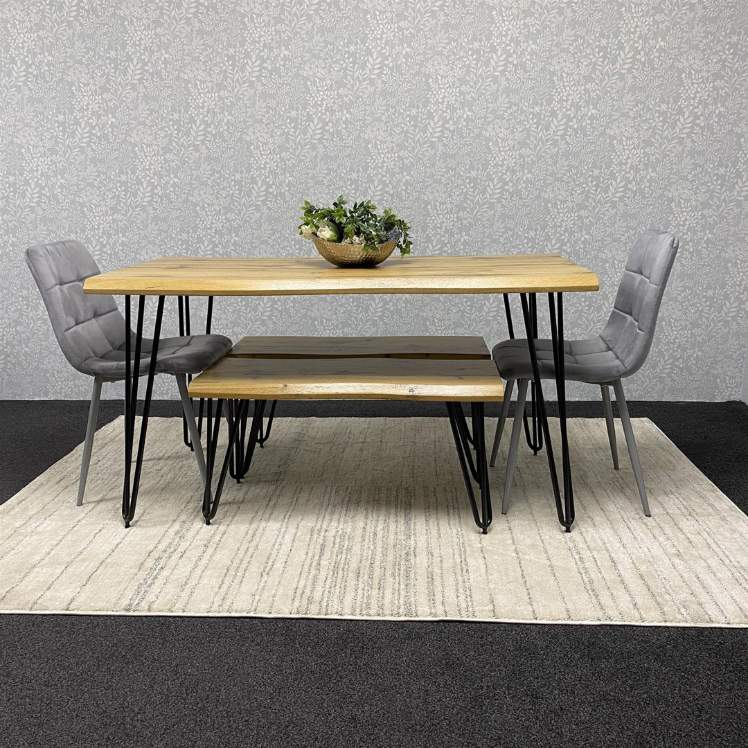 Wooden Dining Table with 2 Benches and 2 Velvet Chairs