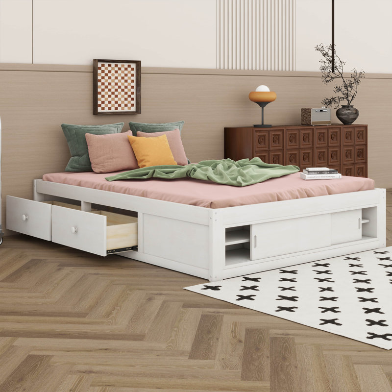 Queen Size Platform Bed Frame With 4 Storage Drawers & Footboard Cubby – No Headboard, Antique White