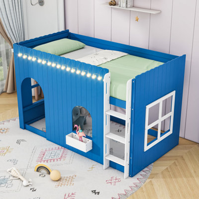 Wooden Loft Bed with LED Light String, Shelves and Ladder