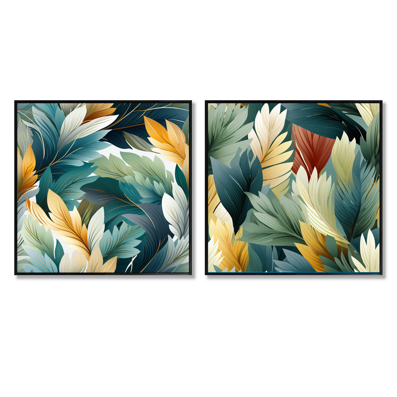 Saya - Ensemble de 2 collages carrés floraux, Cadre flottant noir, H 16 po x l 33 po