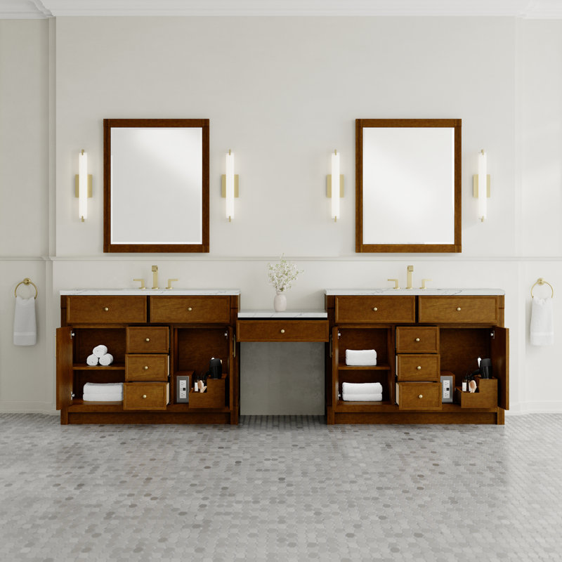 Bellshire 120" W Dual Vanity Set with 24" Make-Up Counter, Honey Oak, Ethereal Noctis, 8" Widespread