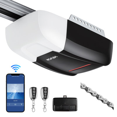 Garage Door Opener 3/4 HP Heavy Duty Chain Drive WiFi Smart Opener, for Residential Garage, Includes Durable Rail, 3 Remotes, Smartphone App Control, Obstacle Sensor & LED Light, Black & White