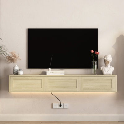 Meuble télé flottant mural avec lumières DEL Armoire en bois ultrabrillante pour prise de courant pour salon