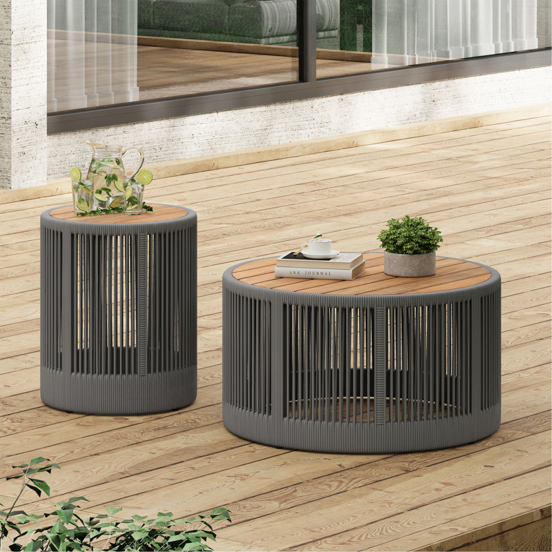 Ensemble de table industrielle rustique, table basse et table d'appoint avec design en corde tissée, ensemble de table moderne et fonctionnel pour le salon et la décoration intérieure - gris corde