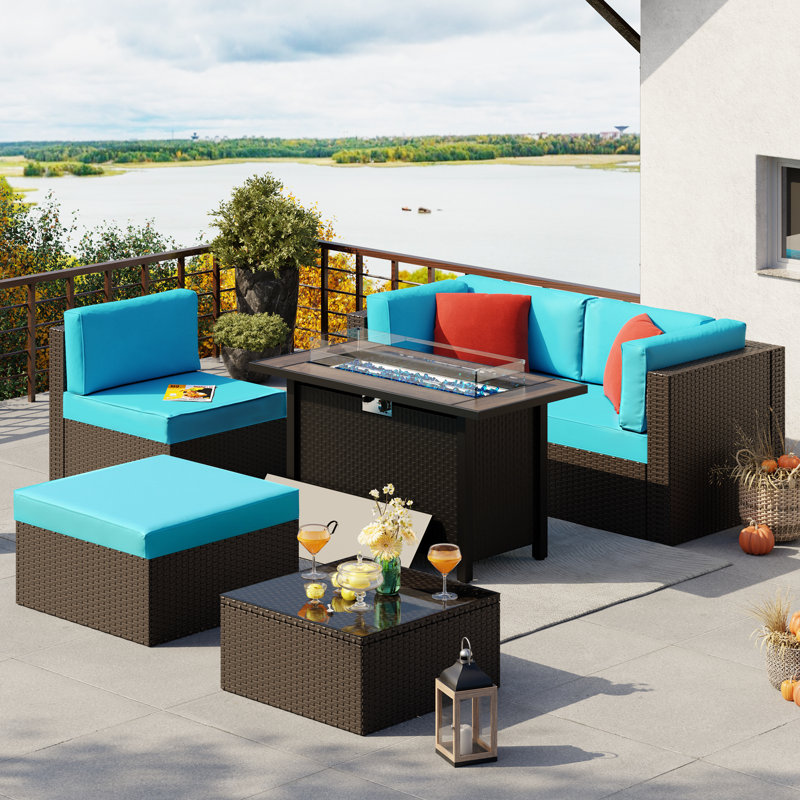 Ensemble de patio d'extérieur en rotin 6 pièces avec foyer, Bleu