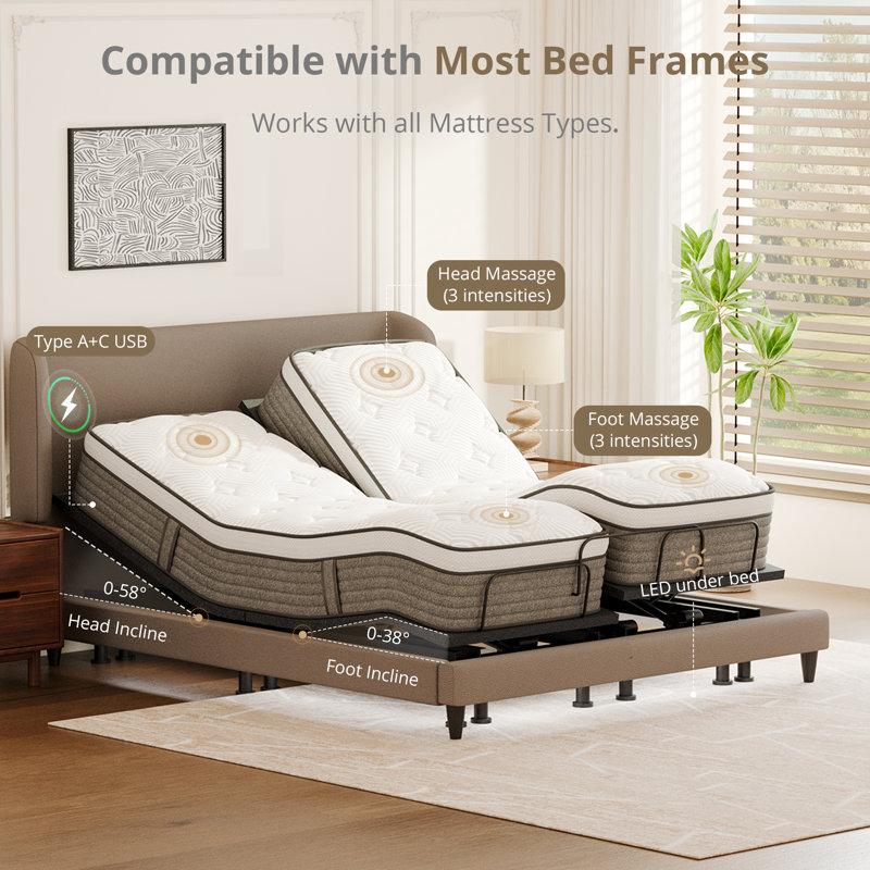 Olyphant Split King Adjustable Bed With 14”Dual Foam Hybrid Mattress-Zero Gravity, Massage And Wireless Remote, Underbed Light