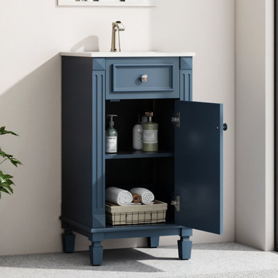 Meuble-lavabo bleu français 18 po avec lavabo en céramique et porte à fermeture en douceur