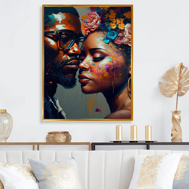 Art sur toile, "Couple amoureux", L 24 po x H 32 po, Cadre flottant doré
