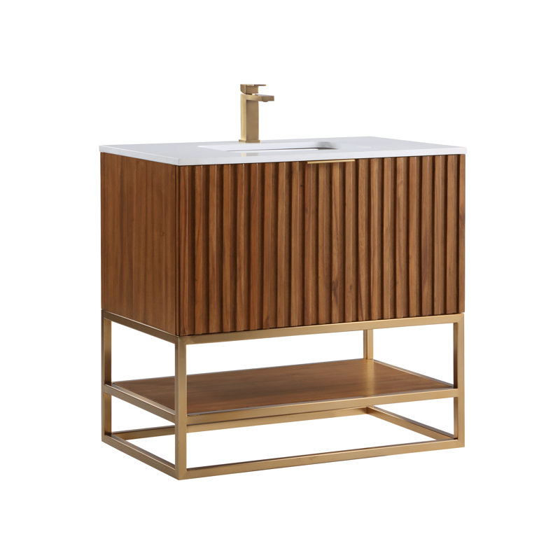 Terra 36'' Single Bathroom Vanity with Top, White Quartz/Single Faucet Mount, Walnut, Satin Brass
