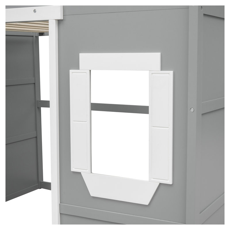Lit mezzanine double avec échelle, structure en bois massif blanc et gris