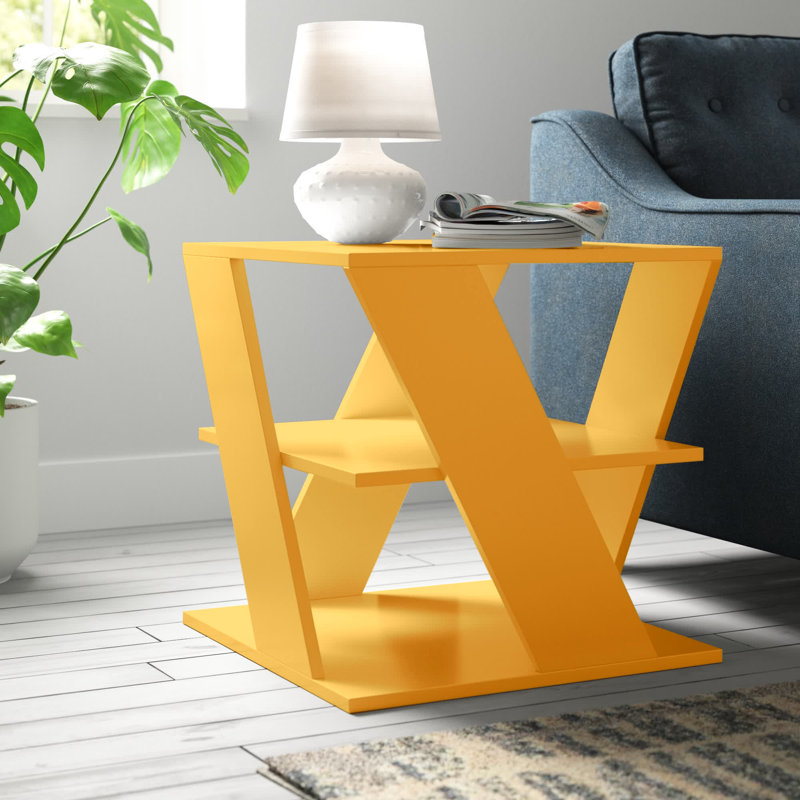 Cateline Geometric Floor Shelf End Table with Storage, Mustard