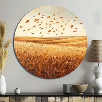 Windy Meadow Prairie Leaves I - feuilles rondes, art mural en métal, impression sur métal brun traditionnel