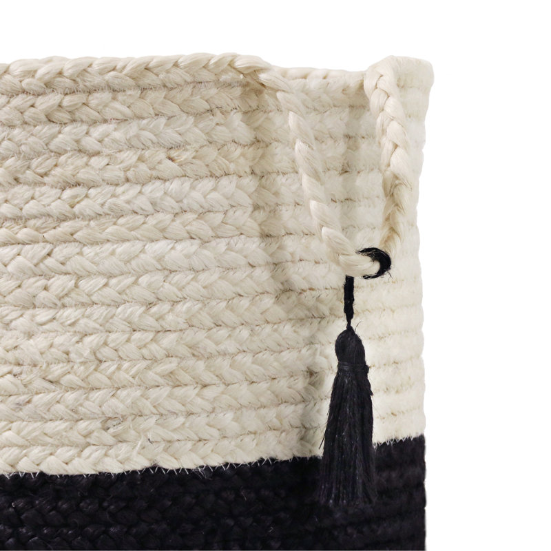 Handmade Natural Jute Relaxed Storage Basket, 19" H x 19" W x 19" D, White/Black