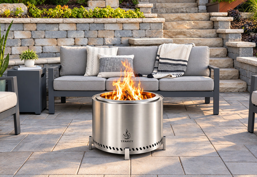 Foyer extérieur sans fumée en acier inoxydable avec un feu allumé, une grille de cuisson et un sac de transport sur un patio moderne.