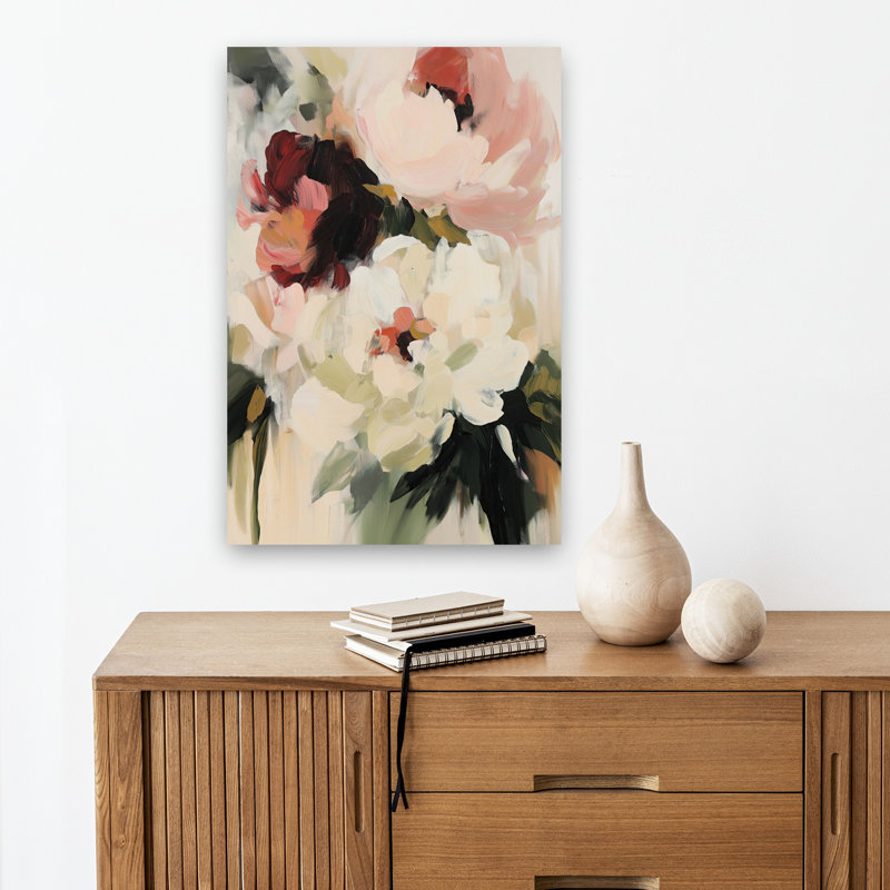 Pivoine blanche et rose abstraite, 18" H x 12" W