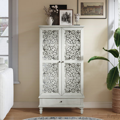 Rustic 55'' Tall Storage Cabinet with Drawer, Decorative 2-Door Carved Wood Accent Cabinet with Solid Wood Legs for Living Room, Hallway, Dining Room
