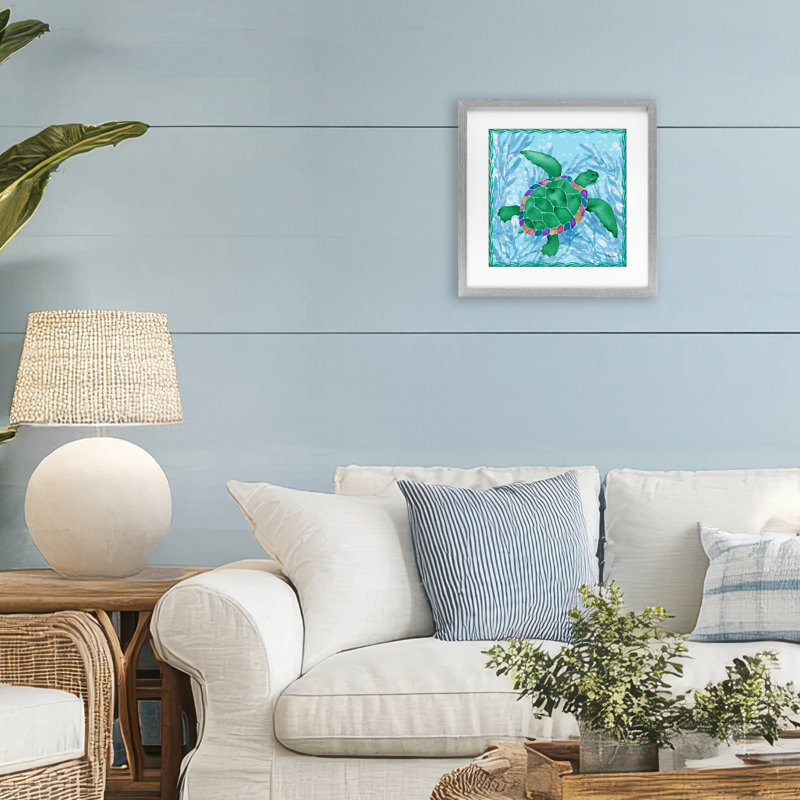 «Radiant Sealife Turtle», reproduction encadrée sous verre, conception de Paul Brent, H 13 po x l 13 po, Cadre de ferme gris