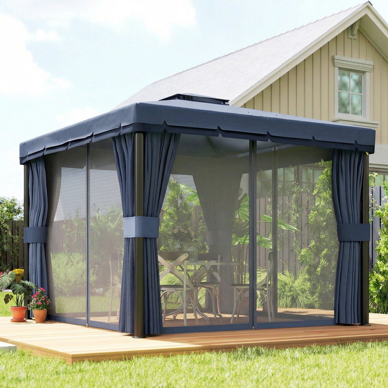 Outsunny 3 x 3 (m) Patio Gazebo Canopy with 2 Tier Roof, Dark Blue