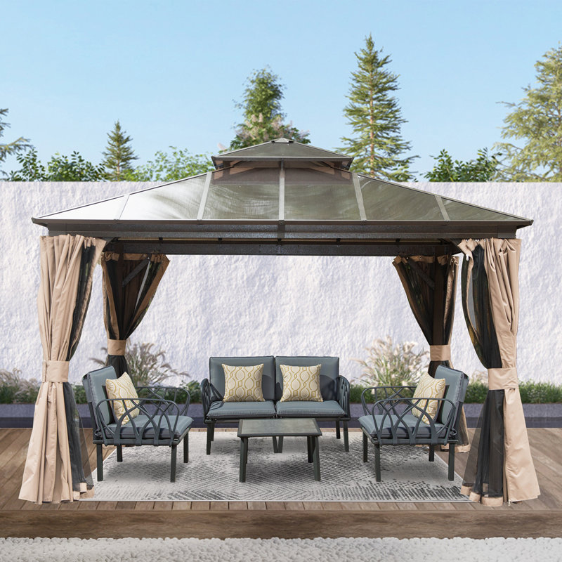 Aluminum Patio Gazebo Permanent Double Polycarbonate Roof Canopy, 12 ft x 12 ft, Dark Brown