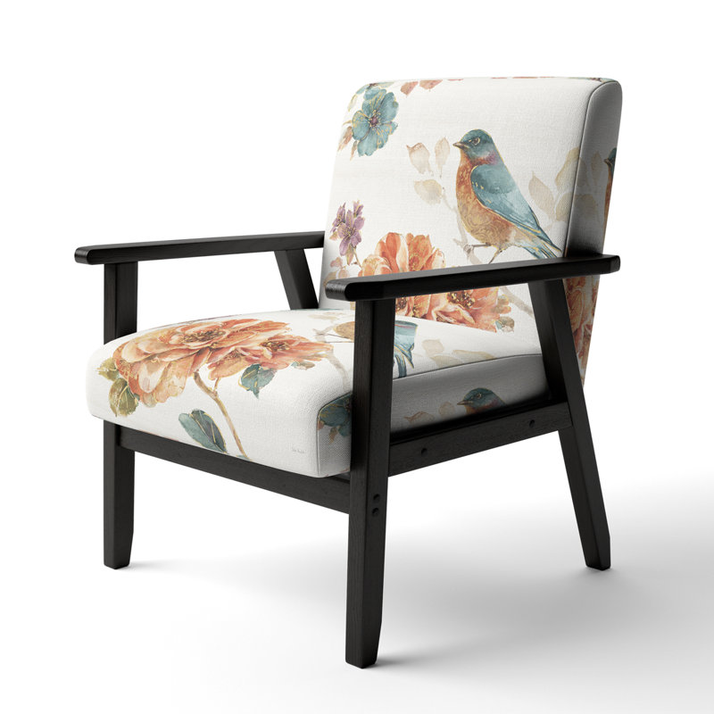 'Guneet - Cottage Bird On Orange Flower Twig - Upholstered Traditional Accent Arm Chair