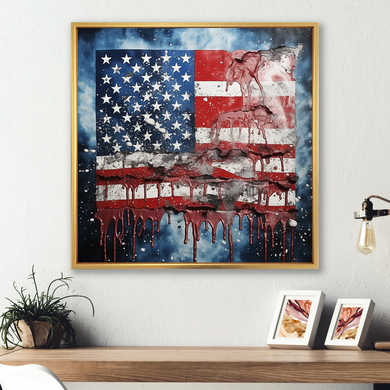 Rétro drapeau américain Liberty I - drapeau, art mural, Cadre flottant doré, H 30 po x l 30 po x P 1,5 po