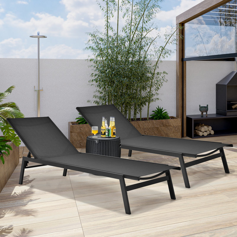 Chaise longue de patio 2 pièces Patiojoy avec dossier réglable à 6 positions et tissu respirant, Noir