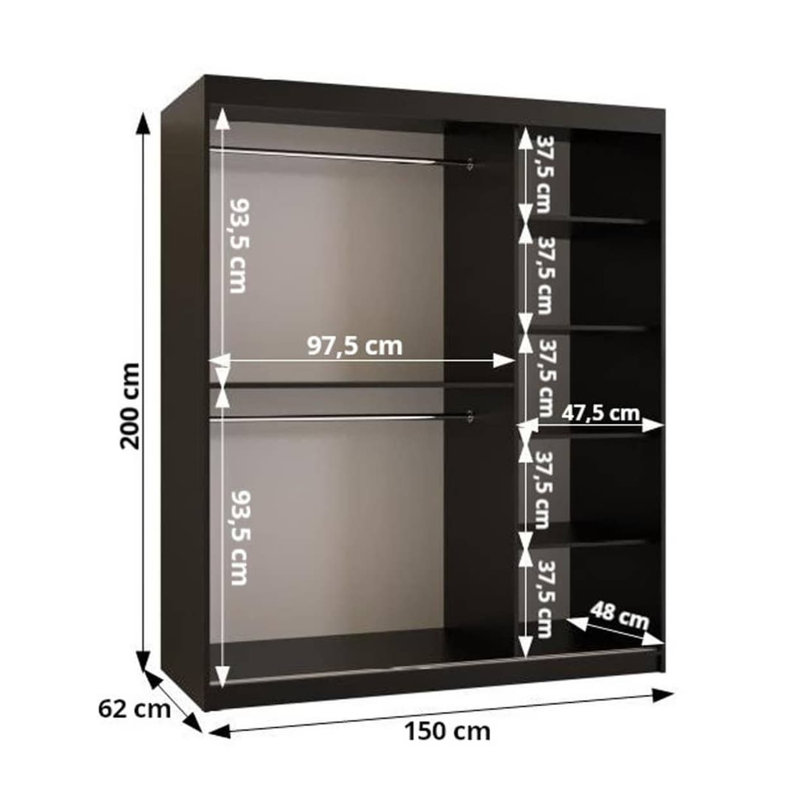 Artimizia 2 Door Manufactured Wood Wardrobe, 200cm H x 150cm W x 62cm D, Black