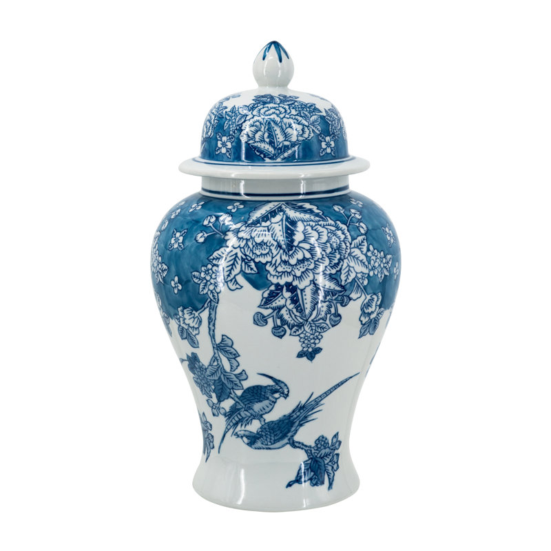 Bocal en porcelaine bleu et blanc avec motif floral et couvercle, 15,2 po