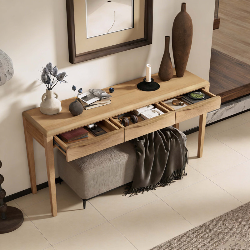 59.84'' Elegant Console Table with Oak Veneer,Light Luxury Entryway Table with 3 Drawers,Farmhouse Sofa Table with Soft-Corner Design,Suitable for Living Room, Foyer and Hallway