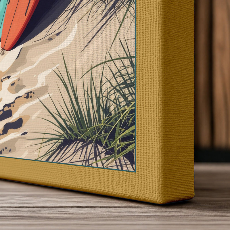 Surfboard at Dusk Coastal - Wrapped Canvas, 18x12 - 45.7 x 30.5 cm, Ochre Border