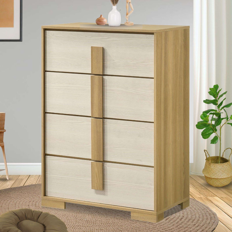 Commode 5 tiroirs naturelle et blanche à profil mince