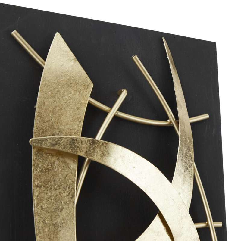 Décoration murale abstraite dimensionnelle en métal avec support en bois noir, Noir