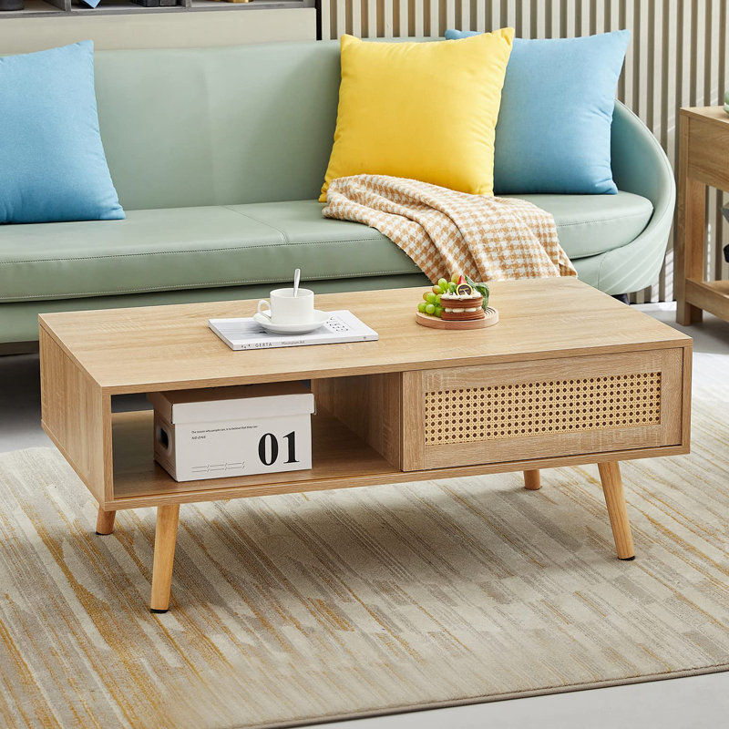 Natural Wood Mid Century Modern Coffee Table with Rattan Storage