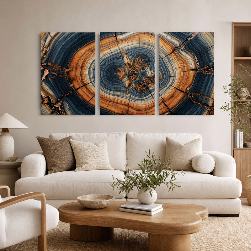 Ensemble de 3 tableaux muraux sur toile représentant des sections transversales de souches d'arbres bleues et brunes