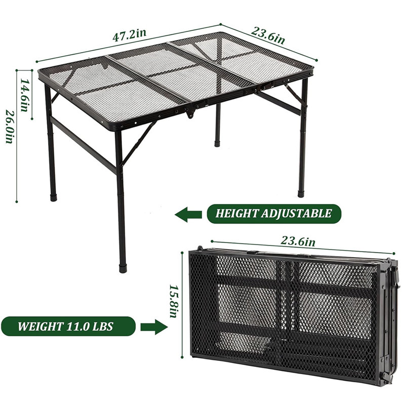 Table de camping pliante avec grille en aluminium portable pour barbecue